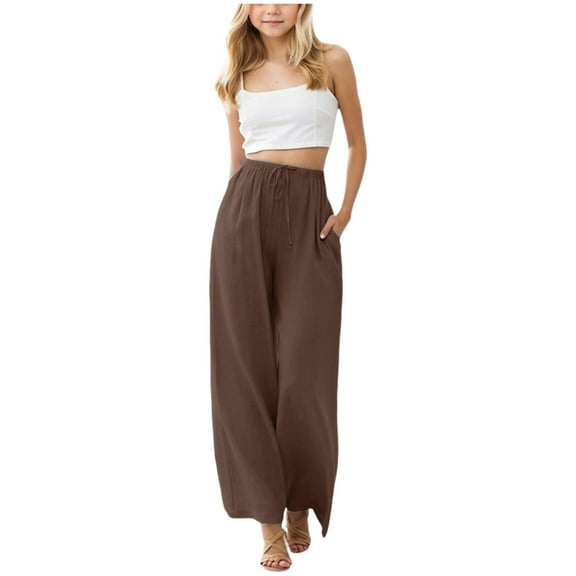 Tween Girls Trendy Clothes Dressy Teen Girls Cotton Linen Wide Leg Pants Summer Palazzo Pants Petite Drawstring Casual Lightweight Flowy Long Trousers