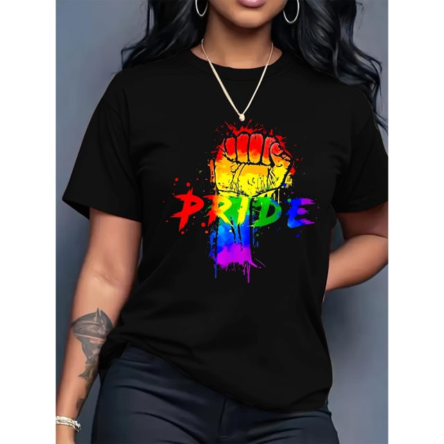 Victory Fist Print Black Women's Casual Fashion Top Round Neck Short Sleeve T-Shirt