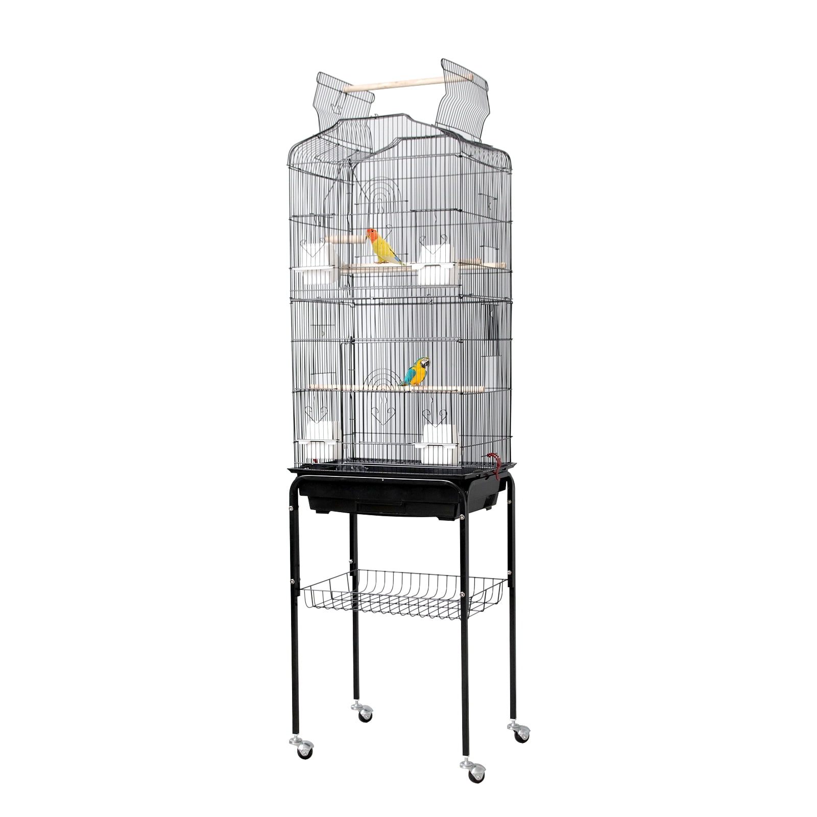 Large 64 Inch Bird Cage for Parrots & Small Birds – Wrought Iron Flight Cage with Open Play Top, Rolling Stand, Storage Shelf, Detachable Tray – Perfect for Cockatiels, Budgies