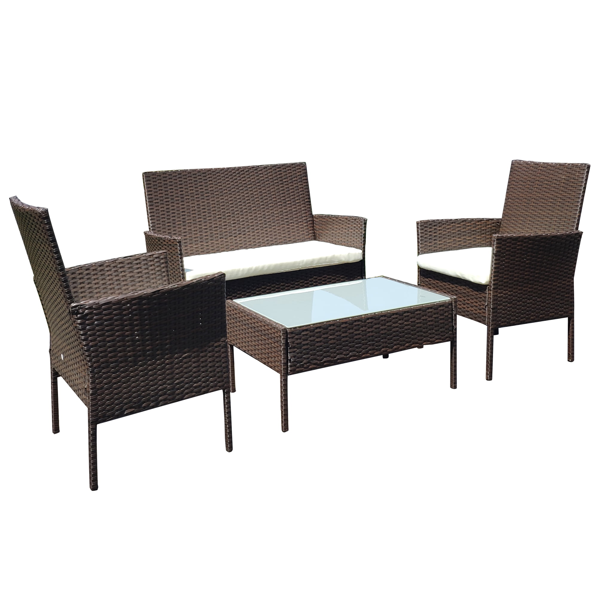 DORTALA 4 Pieces Patio Wicker Conversation Furniture Set Bistro Sets with Coffee Table for Courtyard Balcony Garden Wicker Chairs with Soft Cushion and Table with Tempered Glass White Outdoor Rattan Sofas with Tempered Glass Coffee Table 
