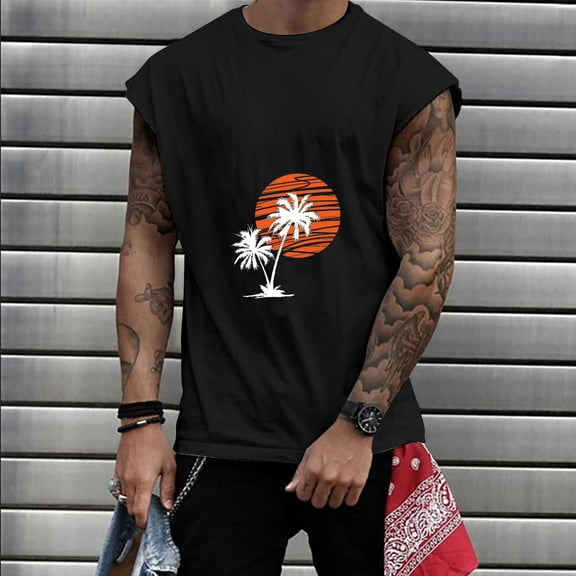 WAENQINLA Men's Tank Tops Workout Bodybuilding Sleeveless Tshirts Loose Hawaiian Palm Tree Graphic Tees Running Stringer Tank Top Undershirts Mens Tank Tops Under $5