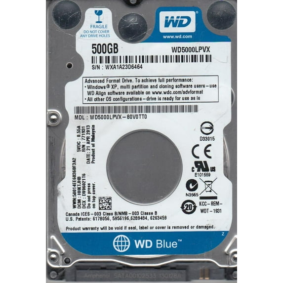 WD5000LPVX-80V0TT0, DCM HHKTJHB, Western Digital 500GB SATA 2.5 Hard Drive