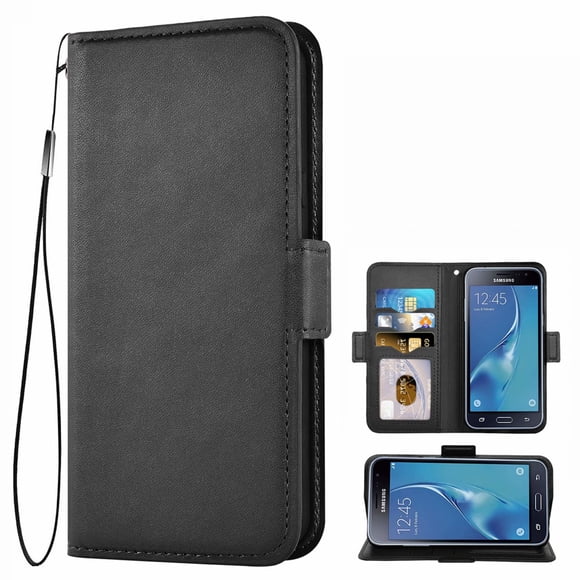 Samsung Galaxy J3-2016 Étui, Étui en Cuir pour Téléphone Cellulaire, Housse Portefeuille en Cuir PU, Étui pour Téléphone Cellulaire Compatible avec Étui en Cuir Samsung Galaxy J3-2016 - Noir