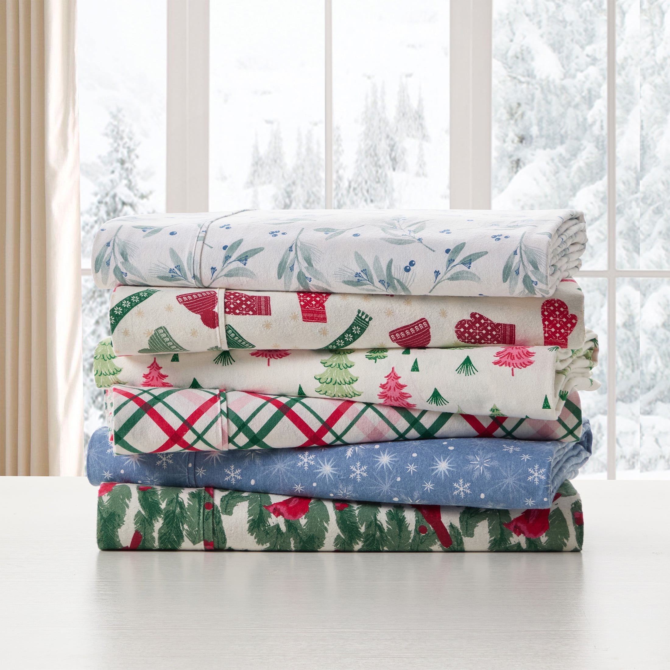Hallmark Joy to the World Plaid 4-Piece Adult Multi Brushed Cotton Flannel Bed Sheet Set, Queen