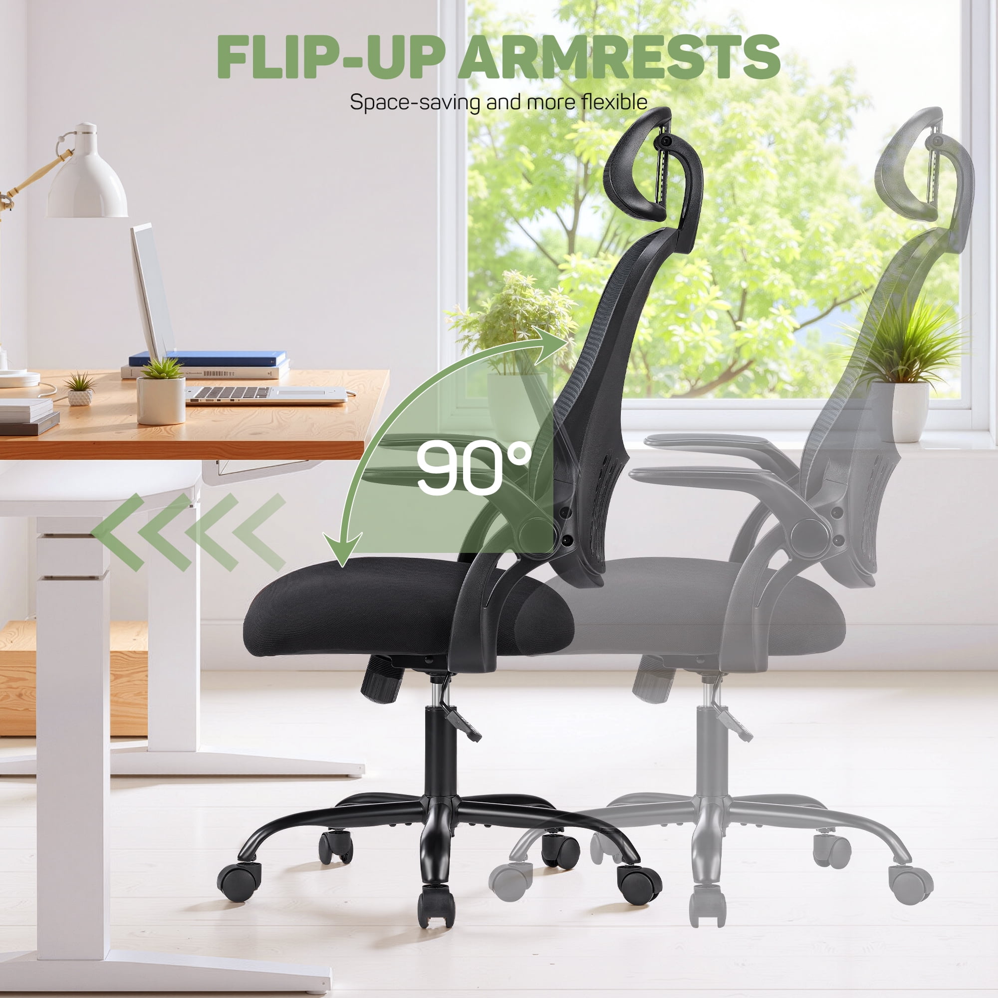 Ergonomic Office Desk Chair, High-Back Mesh Computer Chair with Adjustable Headrest, Lumbar Support, Flip-Up Armrests, Swivel Rolling Task Chair for Home Office, Black