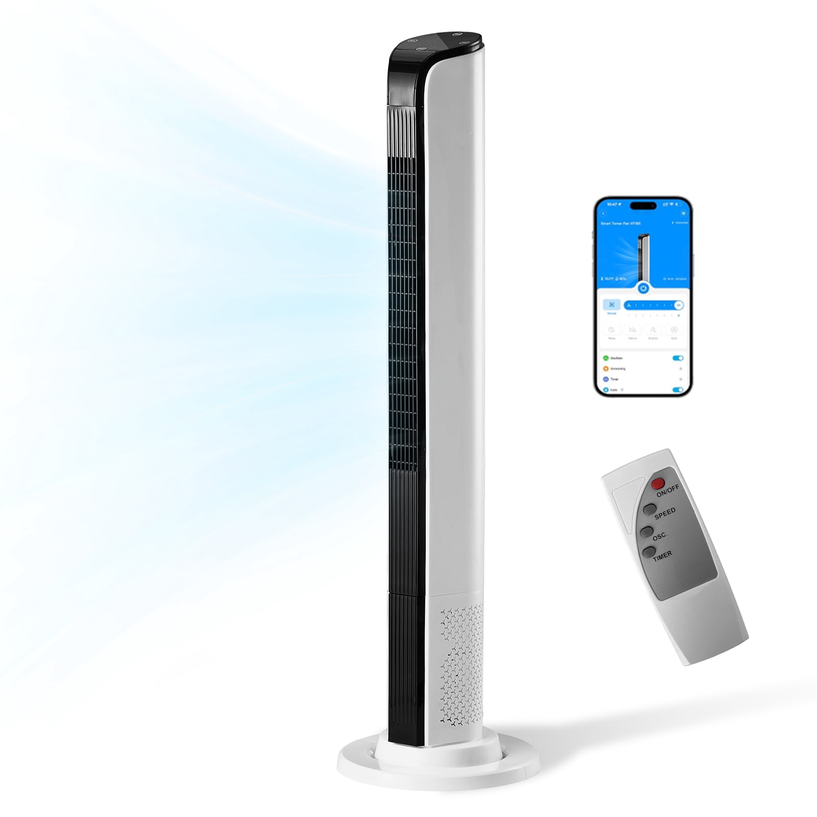 42 Inch Smart WiFi Tower Fan 65W All Copper Motor, APP Remote Button Control 3 Speeds 3 Wind Modes 12H Timer Slim Space Saving Tower Fan for Bedroom Home Office