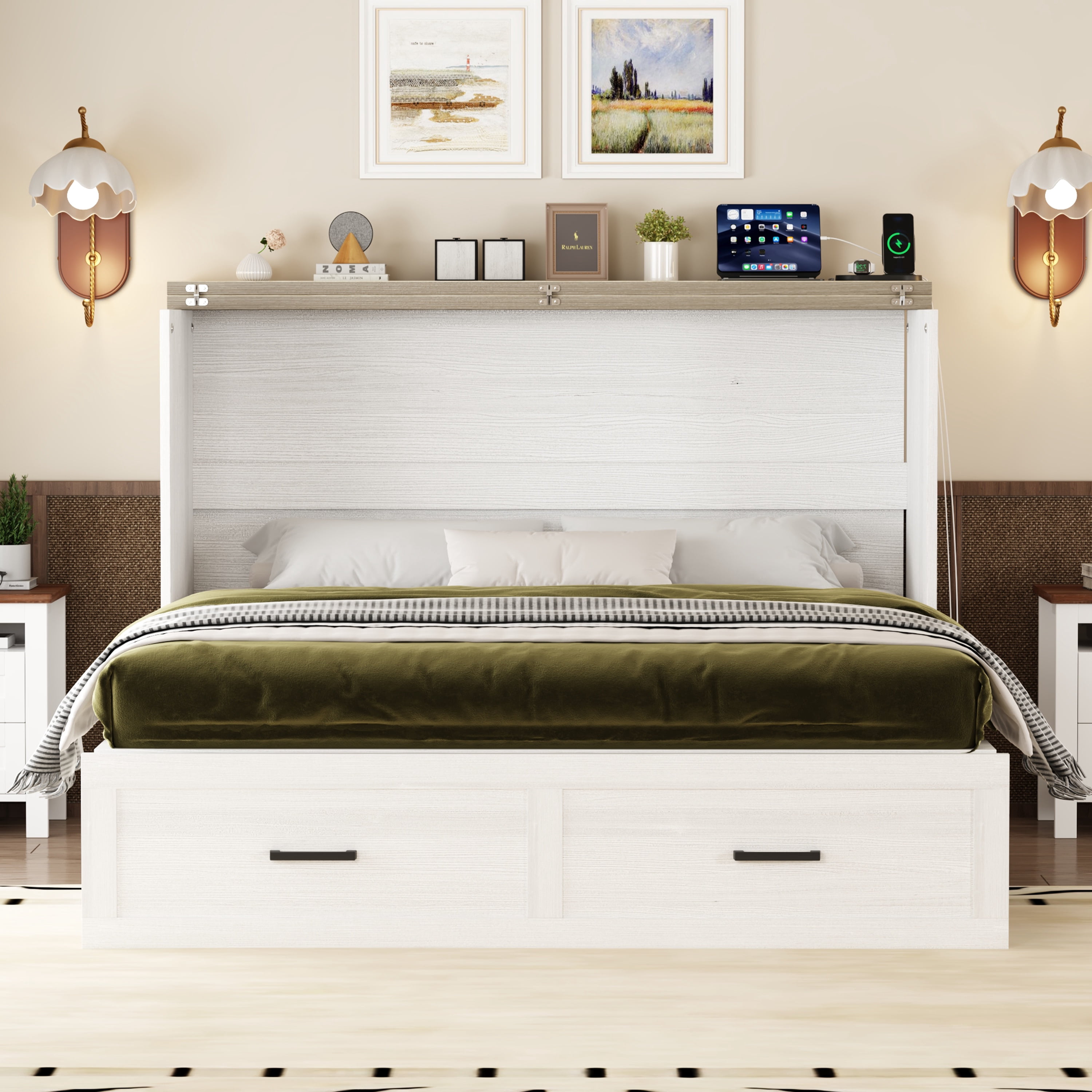 Bellemave Queen Size Farmhouse Murphy Bed Frame with Charging Station and Storage Drawer Foldable Cabinet Platform Bed for Guest Room or Home Office (Queen Size, Antique White)