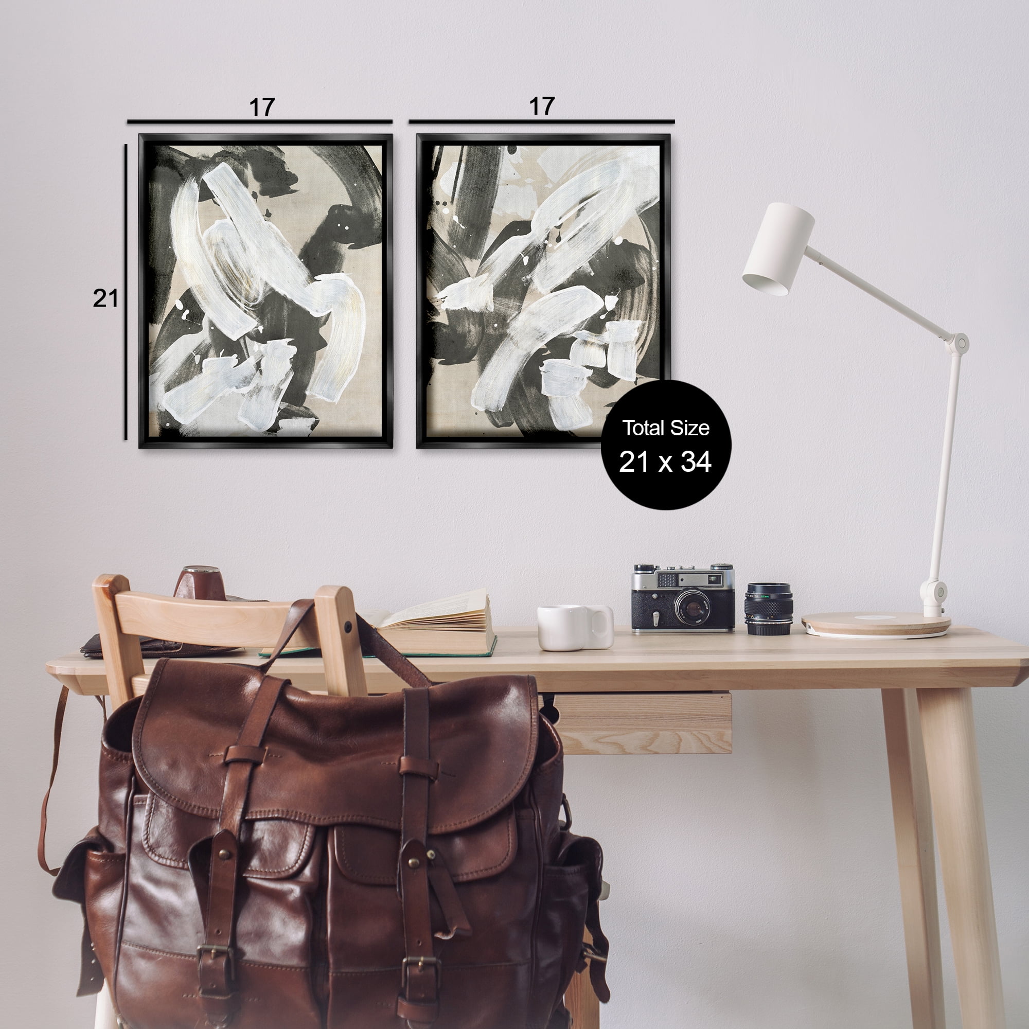 Stupell Industries Neutral Paint Streaks Abstract Painting Black Floater Framed Canvas Art Print Wall Art, 17 x 21, Set of 2