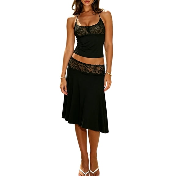 Women 2 Piece Lace Halter Neck Crop Top and Midi Skirt Set Summer Vacation Going Out Outfits Black XS