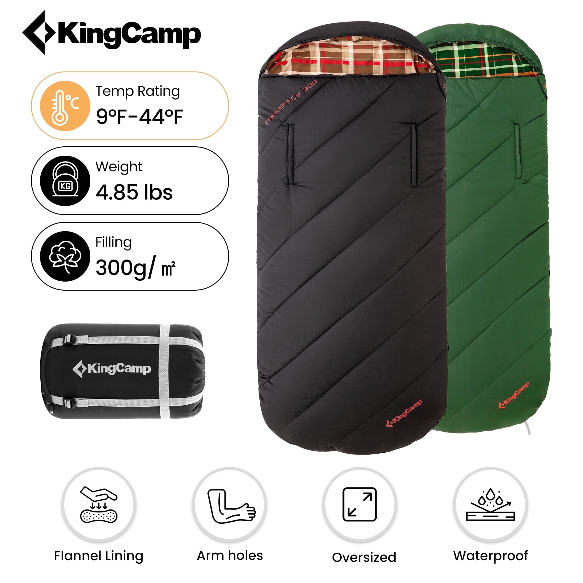 KingCamp Oversized Flannel Sleeping Bag for Adults, Portable Single Sleeping Bags for Camping with Flannel Lining & Armhole , 9°F-44°F, Black