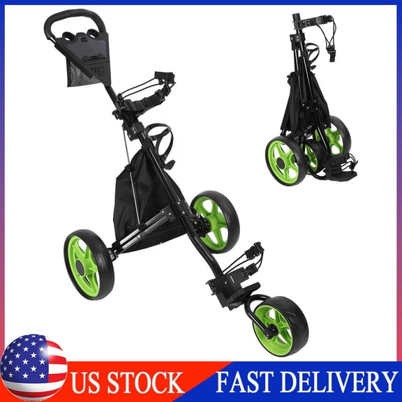 Folding 3 Wheels Golf Push Cart W/ Adjustable Handle, Mesh Net, Ball Loading Aperture, Scorecard Board, Water Bottle Holder, Foot Brake, Large Wheelbase