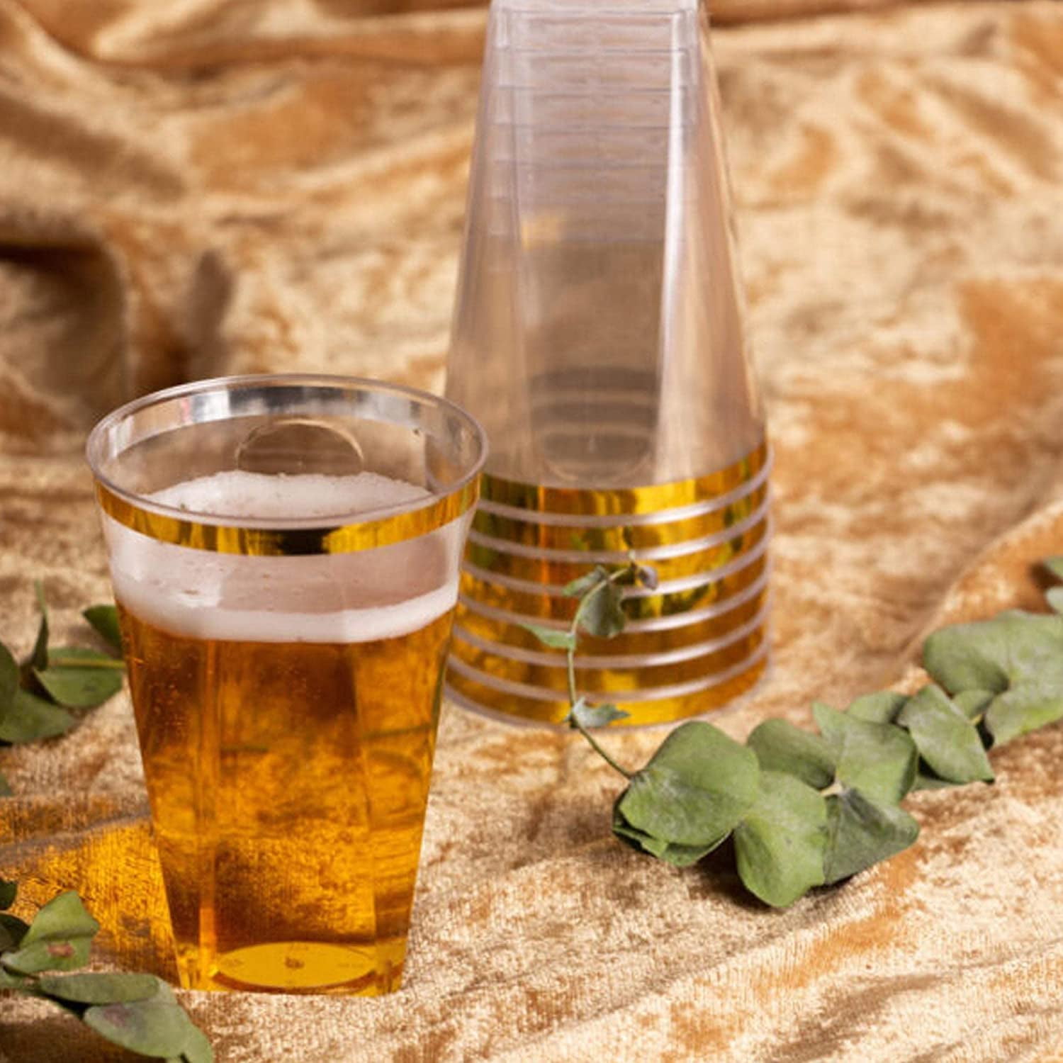 Disposable 10 oz Square Crystal Clear Plastic Tumblers with Gold Rim - Elegant Disposable Hard Plastic Cups Gold Rimmed - For Party, Weddings, Baby Showers, Events, Fancy Catering Cups (60 Pack)