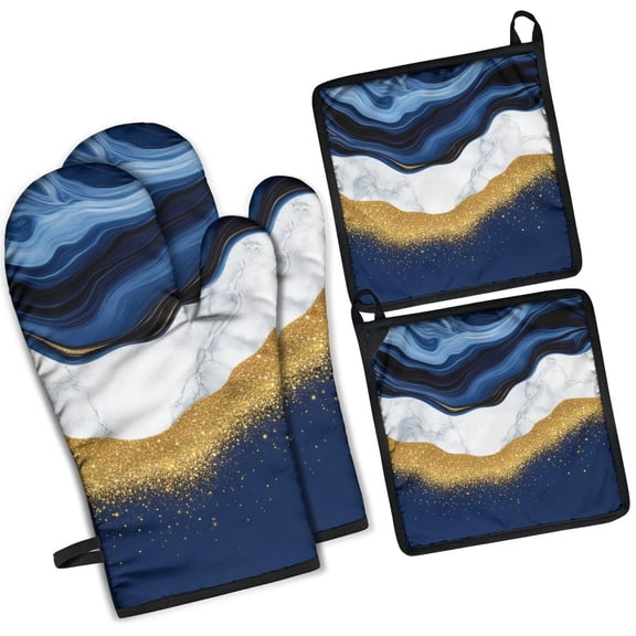 Blue Gold Marble Kitchen Oven Mitt and Pot Holder Sets 4 Pcs for Baking, Cooking and Grilling, Heat Resistant Up To 392 F
