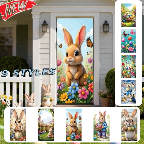 Tarmeek Easter Door Cover, 35x71 Inch Easter Bunny and Eggs Banner Easter Decor, Large Colorful Fabric Easter Door Banner for Door, Window, Home Decor, Photography Backdrops, Easter Decorations