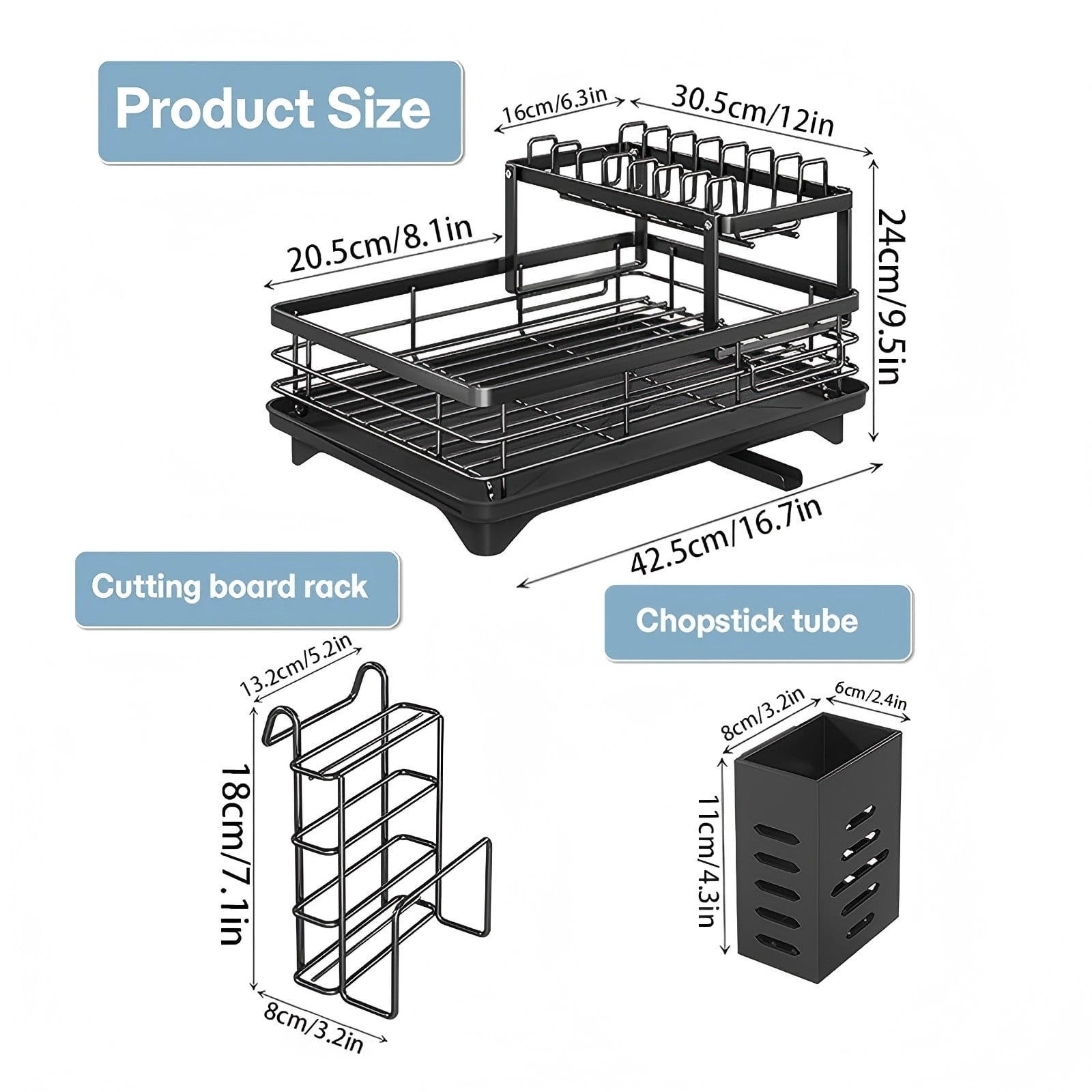 Asnews 2-Tier Kitchen Dish Drying Rack, Carbon Steel Large Capacity Dish Rack with Utensil Holder & Cutting Board Slot, Space-Saving Racks&nbsp;for&nbsp;Kitchen&nbsp;Counter, Black