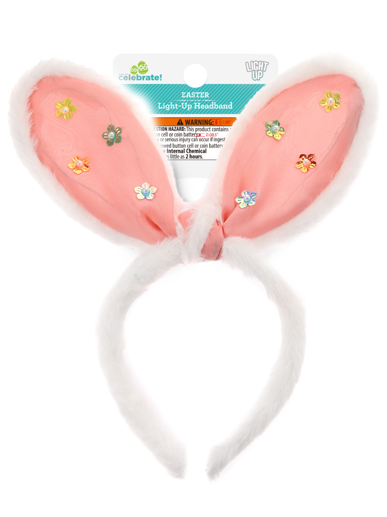 Way to Celebrate Easter Pink and White Bunny Ears Light Up Headband, 1 Piece