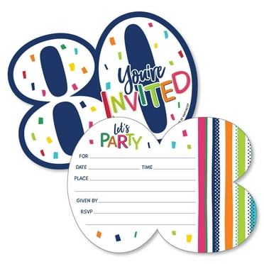 Big Dot of Happiness 80th Birthday - Cheerful Happy Birthday - Shaped Fill-In Invites - Eightieth Birthday Invitation Cards with Envelopes - Set of 12