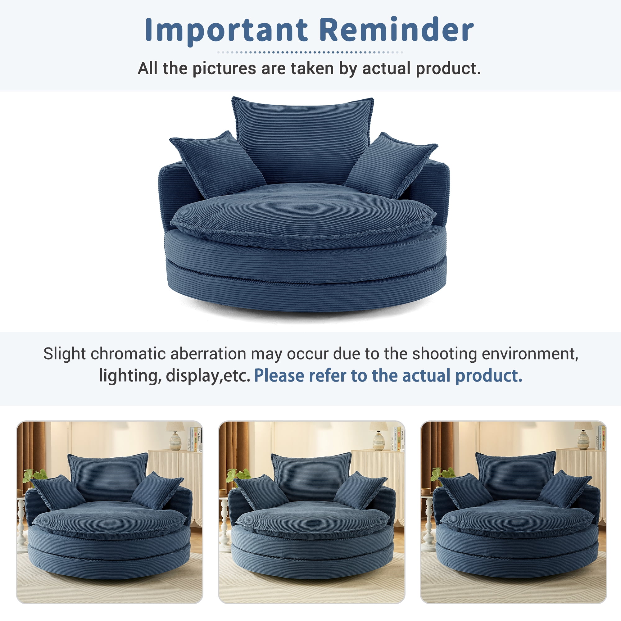 Euroco Oversized Round Swivel Chair with Corduroy Upholstery and Deep Seat, 360° Rotation Lounge Chair with Pillows for Living Room or Bedroom – 57.5" W x 56.5" D x 35.25" H