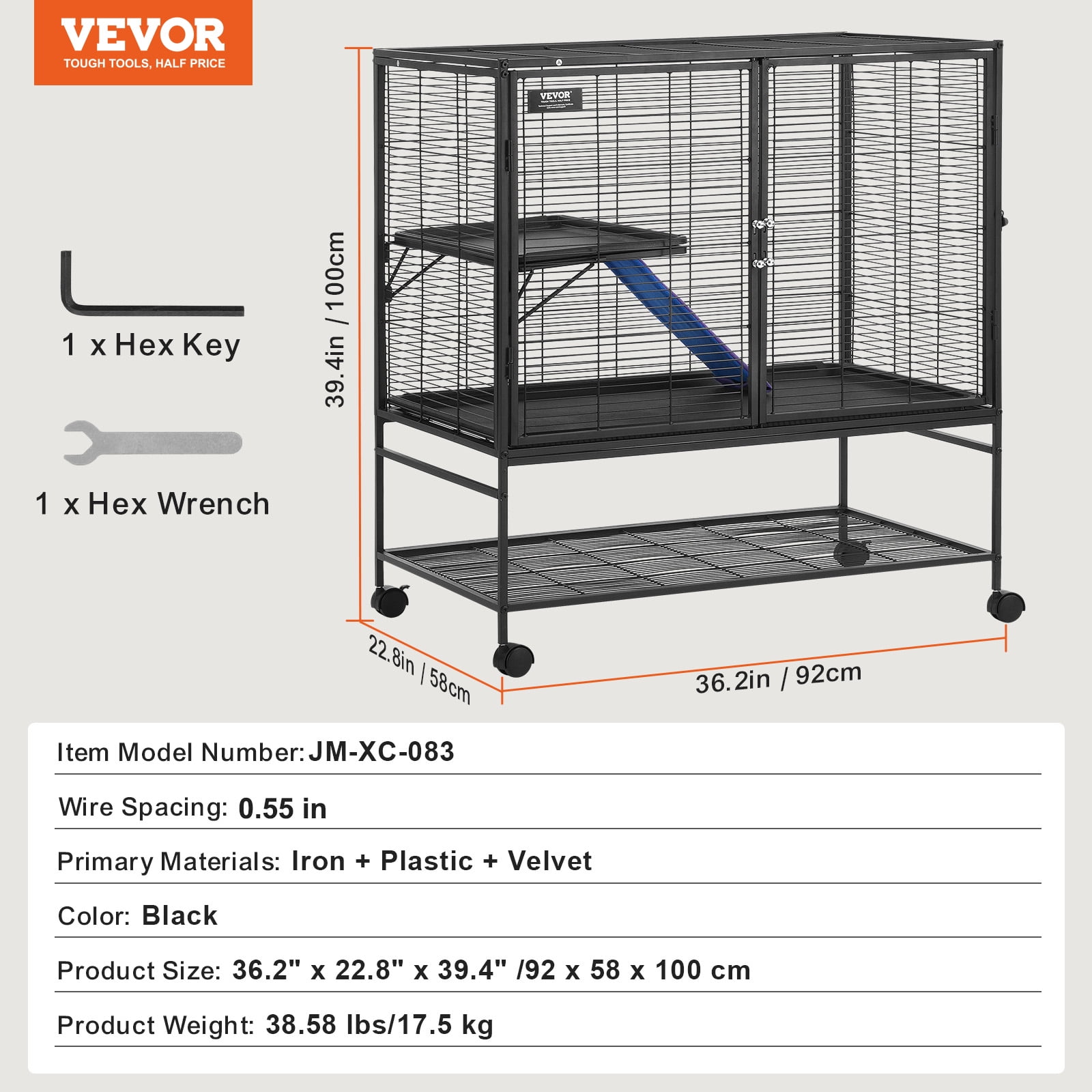 VEVOR 39" Rolling Metal Ferret Cage, Large 2-Tier Small Animal Cage with Ramps & Tray, Easy to Set up for Pet Rats, Hamster, Guinea Pig, Chinchilla, Squirrel, Hedgehogs, Bunny
