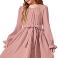 thumbnail image 3 of IVEYRTF Girls Solid Color Sweet Long Sleeve Party Dress with Belted Waist and Flowy Kids Special Occasions Fashion Dress, 3 of 5
