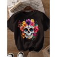 thumbnail image 1 of Halloween T-shirt - Colorful Flower Skulls Print T-Shirt, Short Sleeve Crew Neck Casual Top for Summer & Spring, Women'S Clothing, 1 of 6