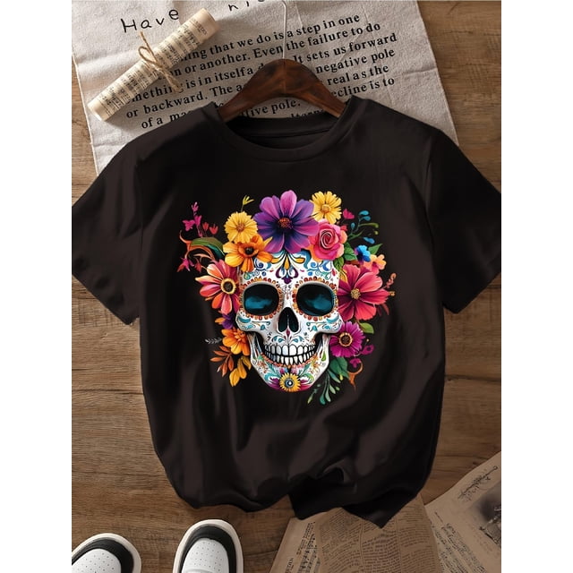 Halloween T-shirt - Colorful Flower Skulls Print T-Shirt, Short Sleeve Crew Neck Casual Top for Summer & Spring, Women'S Clothing