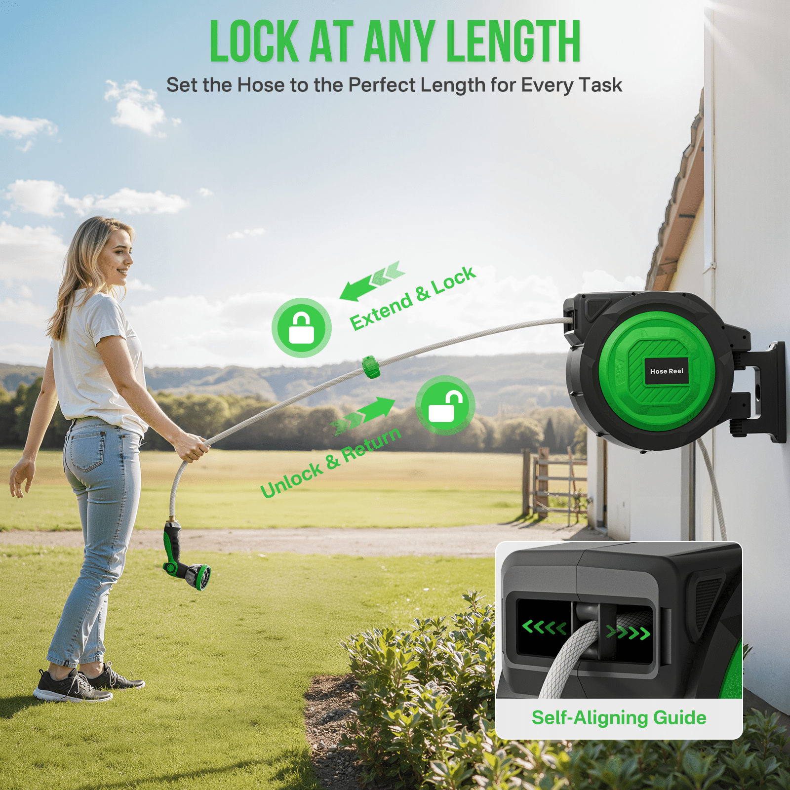 GINOST 100-150 ft Retractable Garden Hose Reel with 10-Pattern Spray Nozzle, Wall-Mounted Auto-Rewind System, Lock-at-Any-Length, Heavy-Duty 3-Layer PVC Hose (1/2-in)