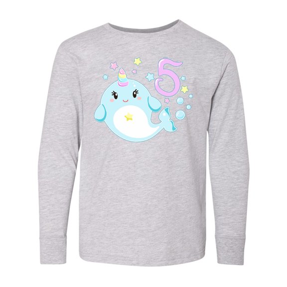 Inktastic Happy 5th Birthday with Cute Narwhal Stars and Bubbles Long Sleeve Youth T-Shirt