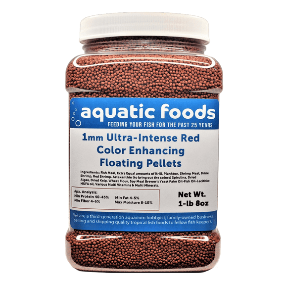 1-mm Ultra-Intense RED Color Enhancing in 7-10 Days Floating Pellets for Baby Discus, Cichlids, Marine Fish, Community Fish, All Tropical and Pond Fish1-lb 8oz Med Jar