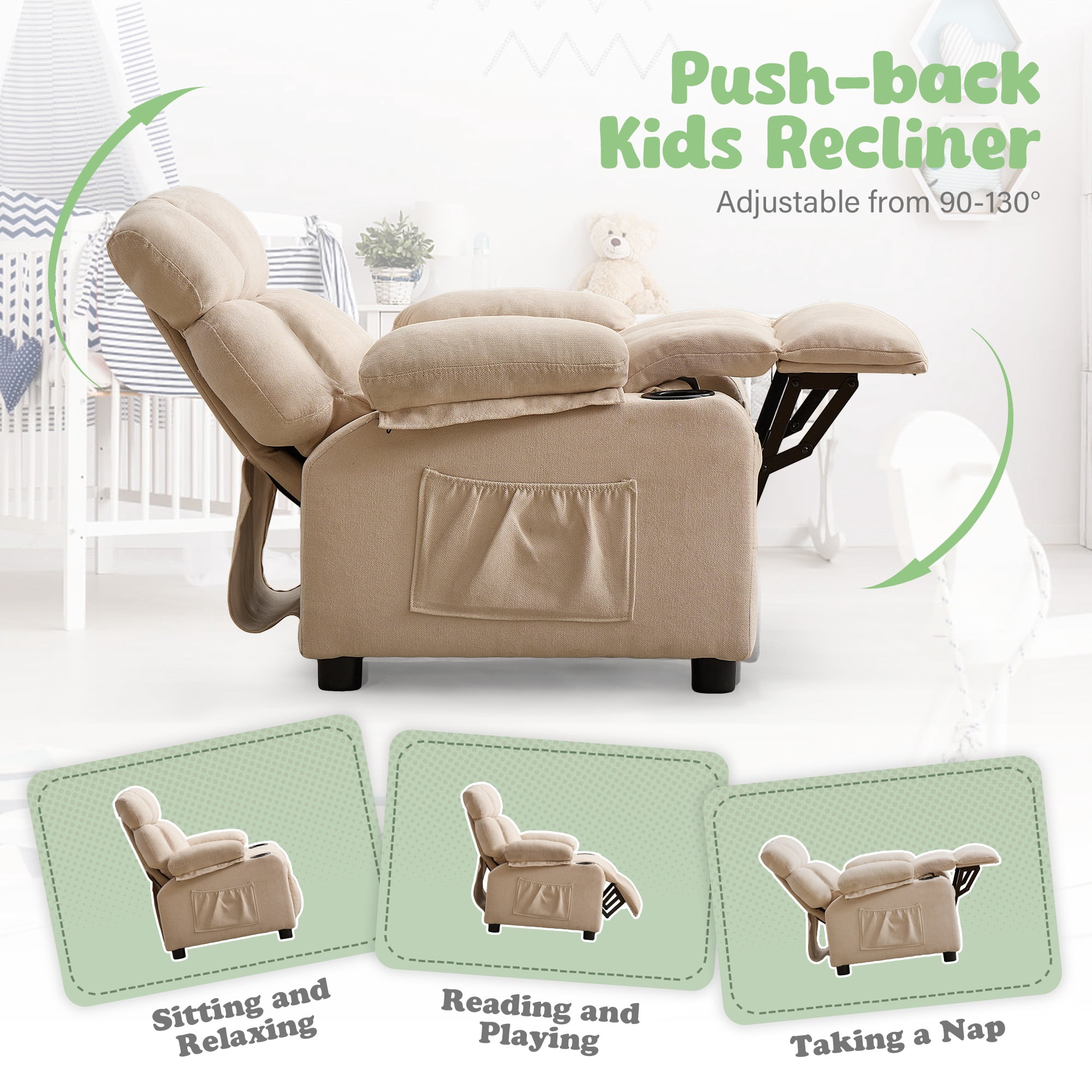 JONPONY Kids Recliner Chair,Push Back Toddler Recliner with Cup Holders & Side Pockets,Adjustable Footrest & Headrest Kids Sofa for Boys Girls 3+ Age Group, Beige