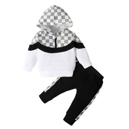 

Meihuida Baby Boys Pants Set Plaid Long Sleeve Zipper Closure Hoodie with Sweatpants Fall Outfit