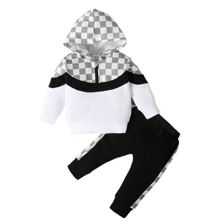 

Sedceaty Baby Boys Pants Set Plaid Long Sleeve Zipper Closure Hoodie with Sweatpants Fall Outfit