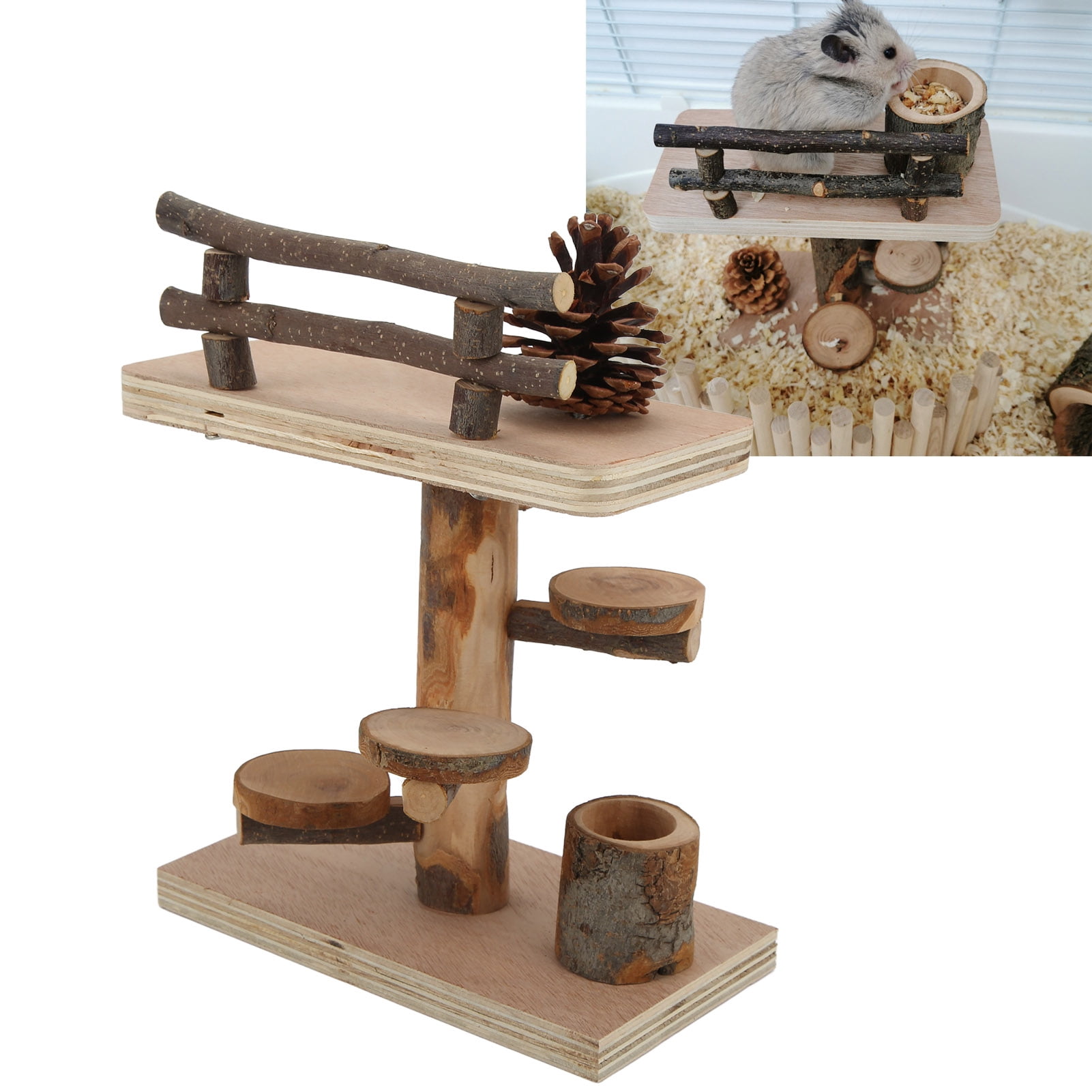 LAZIOEGR 10-Piece Natural Wooden Hamster Climbing Platform Activity Set Double Layer Playground for Mice & Small Pets (7.87 inches / 20 cm)
