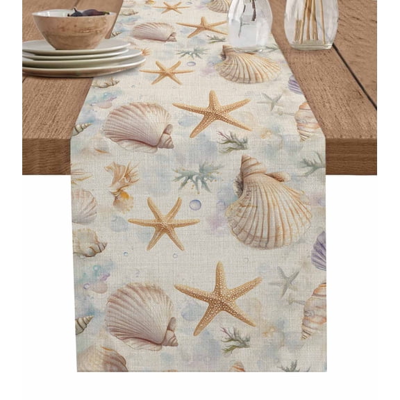 Coastal Shell Conch Table Runner 48 Inches, Summer Beach Starfish Burlap Bed Runner Dresser Scarves Tabletop for Indoor Outdoor Parties/Ceremony/Banquet, 13" x 48"