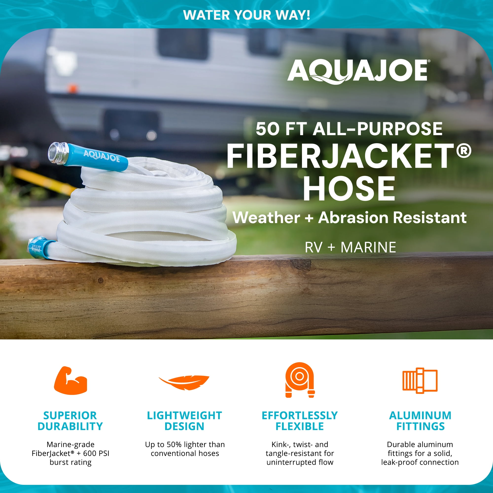 Aqua Joe 50' Expandable RV Hose with Flexible Marine-Grade Fiber Jacket, AJFJH50-58-RV