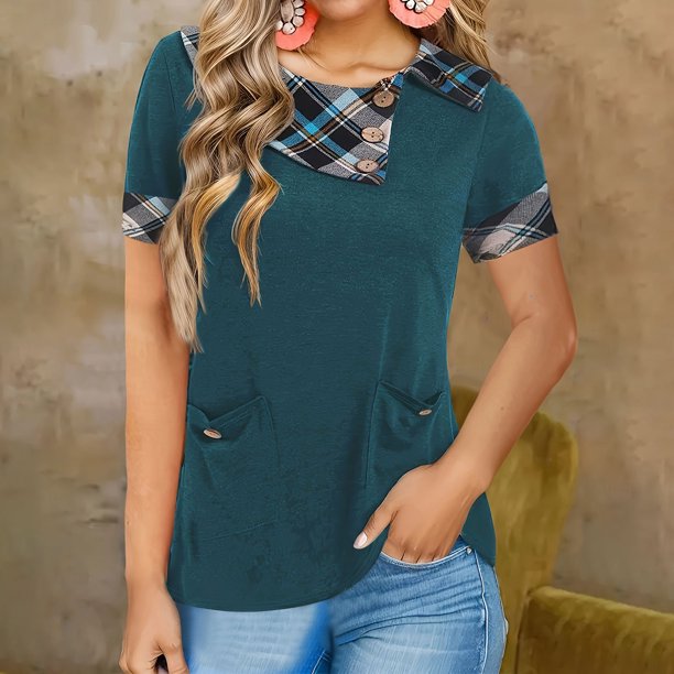 Fiudx Ropa de Mujer Blusa Informal de Manga Corta con Bolsillo y Botones para Mujer a La Moda
