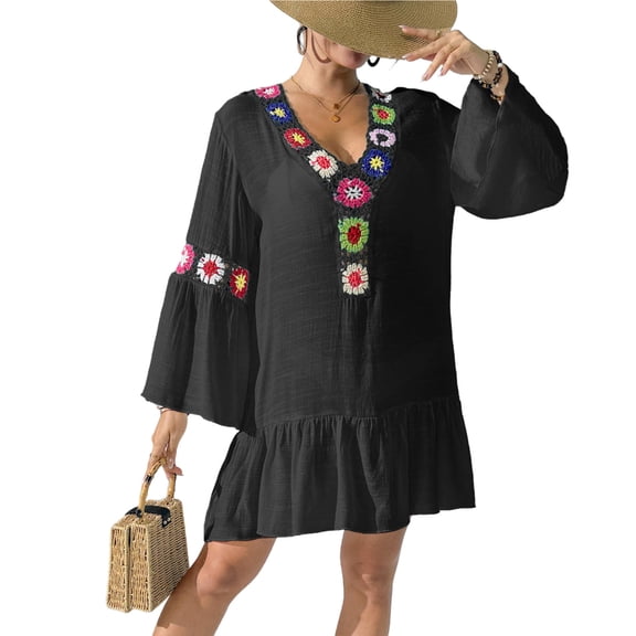 Xuhomer Sunscreen Cover for Women Crochet Floral Hollow Short Sleeve V-Neck Flowy Summer Cover Up Bikini Bathing Suits Loose Beach Tassel Cover Ups Swimsuit Cover-up Dress Black Free Size