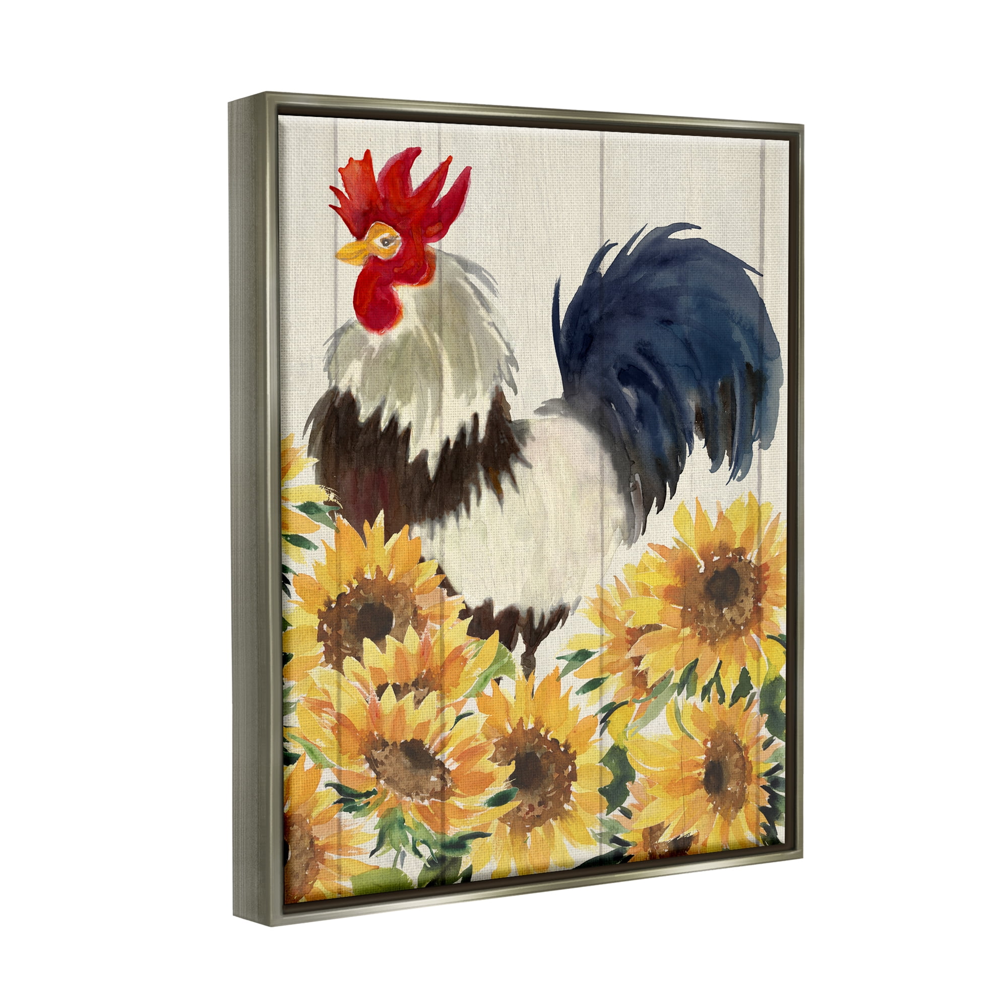 Stupell Industries Country Rooster & Sunflowers Animals & Insects Painting Gray Floater Framed Art Print Wall Art, 25 x 31