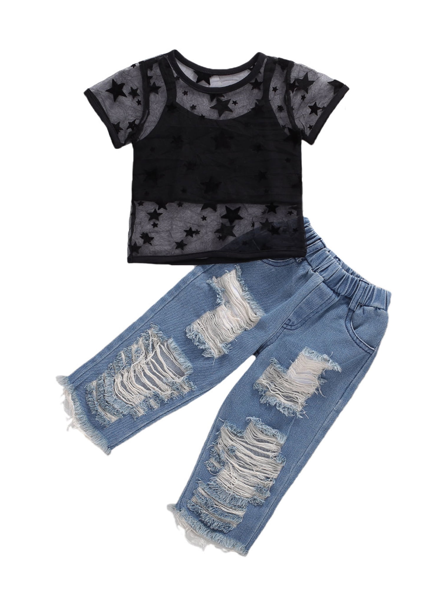 3PCS Kids Baby Girls T-shirt Tops+Ripped Holes Pants Jeans Outfits Clothes Set