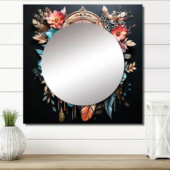 Designart "AQUAMARINE Pink Bohemian Dreamcatcher" Dream catcher Square Mirror Wall Decor Traditional - Large Teal Square Bathroom Mirror - Square Printed Wall Mirror Art