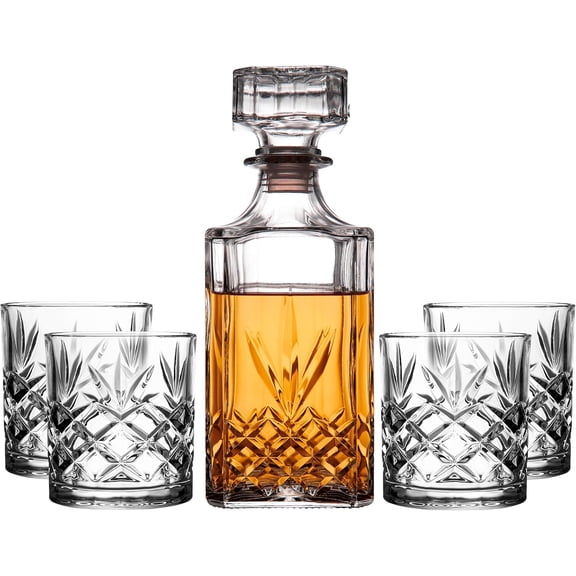 Royalty Art Kinsley Whiskey Glasses with Decanter Set 5-Piece Crystal-Clear Glass for Scotch Bourbon Cognac Pull-Top Stopper Home Bar and Gift Set