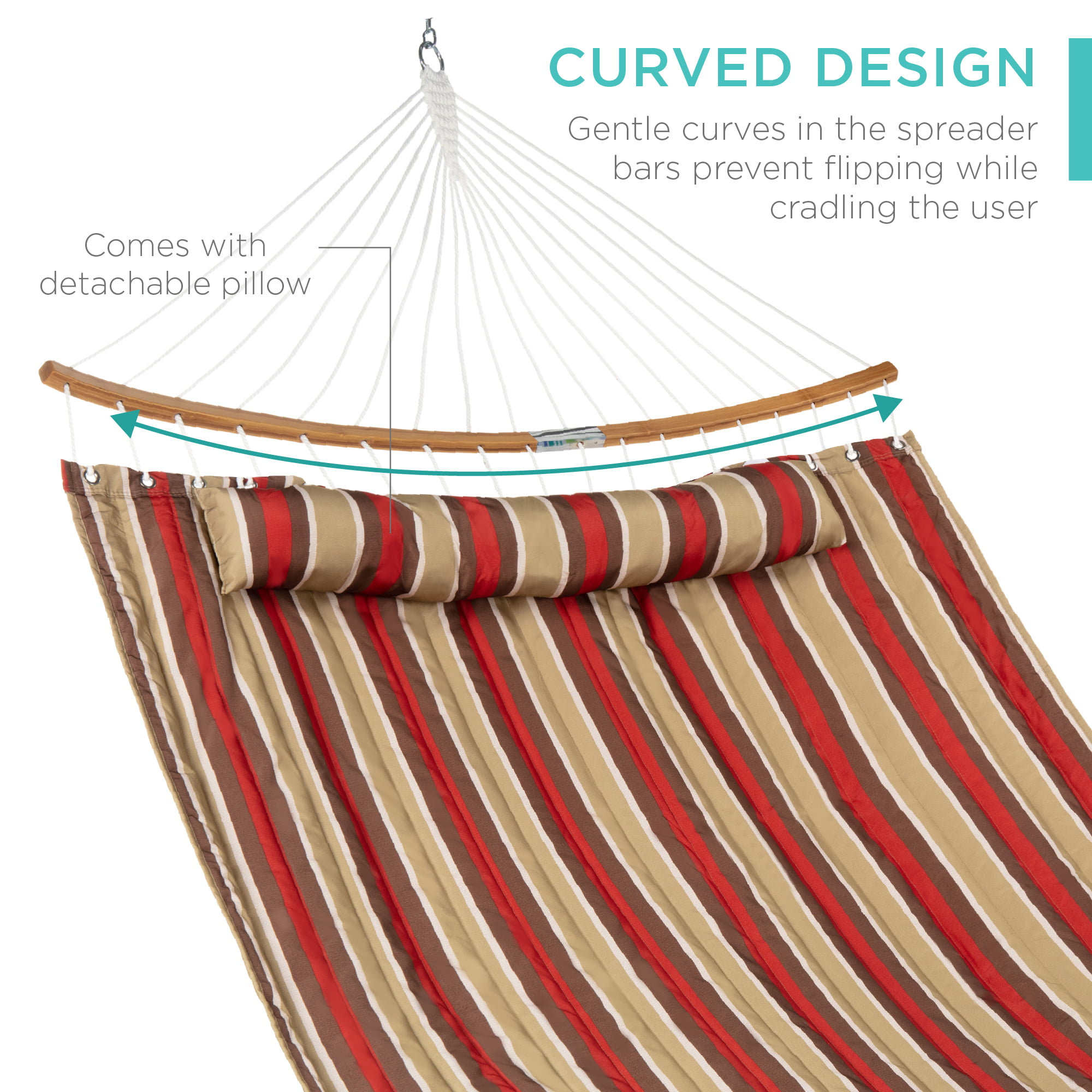 Best Choice Products 2-Person Portable Quilted Hammock w/ Curved Bamboo Spreader Bar, Pillow, Carry Bag - Burgundy/Tan - 2