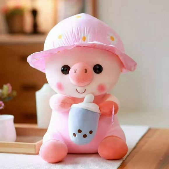 Pig Plush Doll Cartoon Pig Doll Holding Bubble Tea Cute Piggy Stuffed Toy Cushion Ornament for Car Home Sofa 23cm