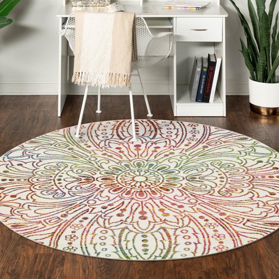 Unique Loom Lyon Collection Area Rug - Sapphire (8' Round Ivory/Red)