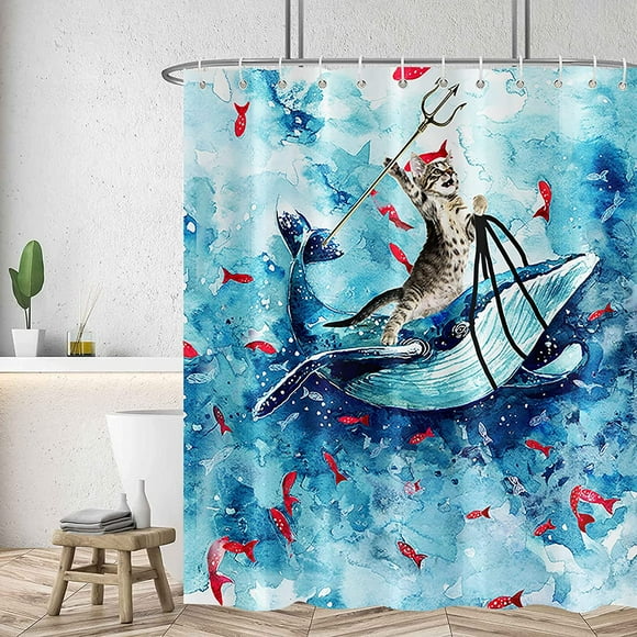Arrebolart Funny Cat Shower Curtains for Kids Cute Animal Cat Riding Ocean Fish Whale Fun Bathroom Curtain 72 x 72 inch Teal Blue 72Wx72L