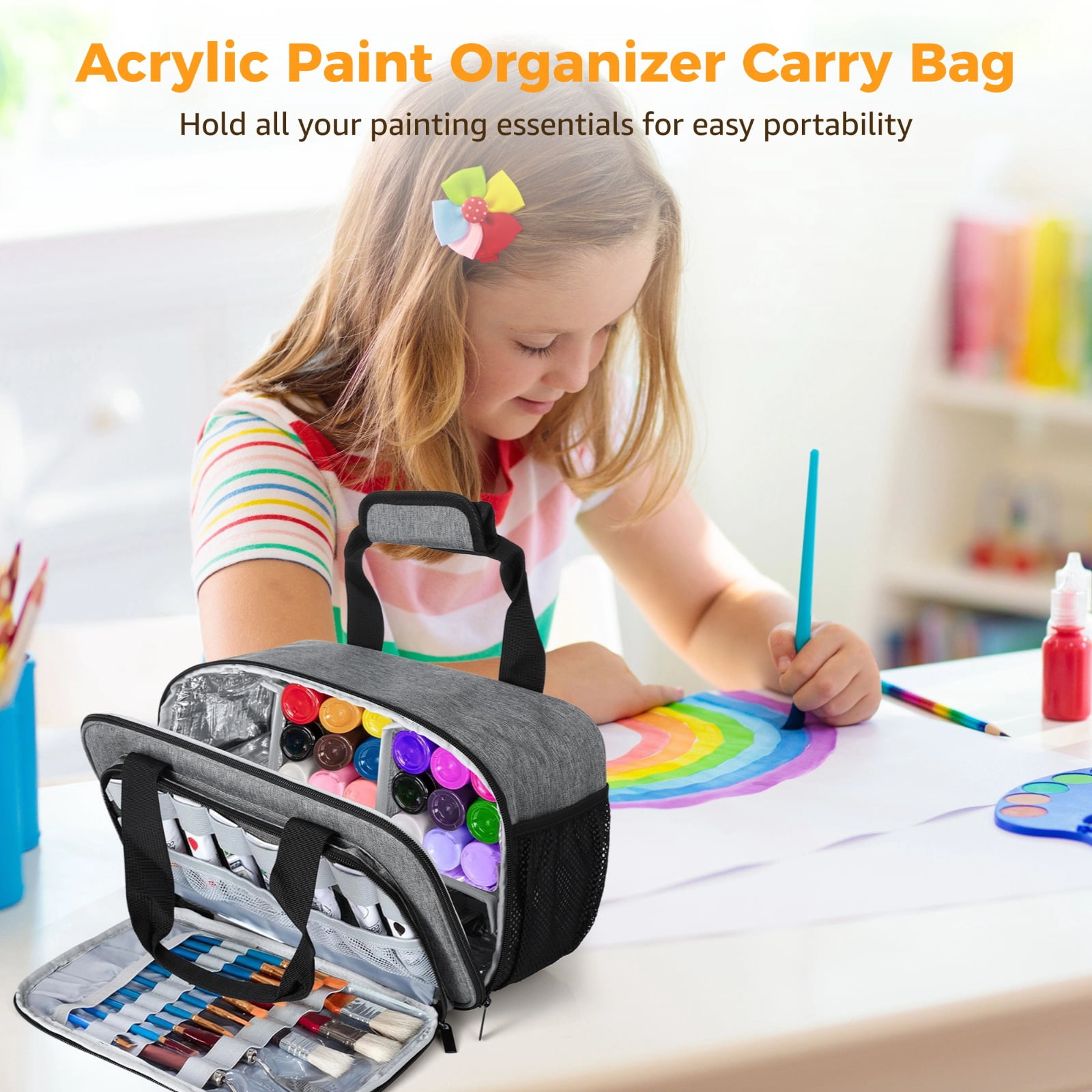 Acrylic Paint Organizer Bag, Large Capacity Bag for 54 Bottles 2 oz Acrylic Paint, Art Supply Bag with Detachable Aluminum Foil Liner, Portable Multi-Pocket Carry Bag for Paint, Paintbrushes, Palette