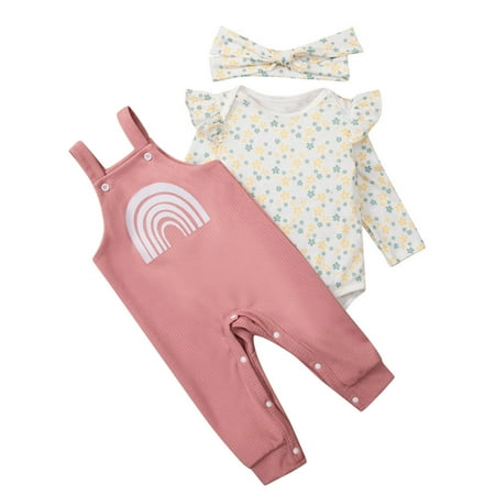 

OAUP 3PCS Baby Girls Outfit Sets Rainbow Print Long Flying Sleeve Romper Casual Suspender Trousers With Headband Childrens Suit Fall Casual Trendy Outfit 3-24M