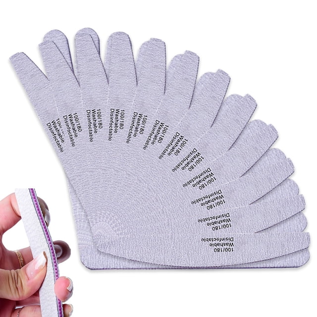 12 limas de uñas profesionales y herramientas para dar forma a las uñas pack de 12 limas dobles 100/180 en tono lila, tres tamaños (18×2,3 cm; 18×2 cm; 18×2,8 cm) dispuestas en abanico; vista frontal con primer plano de una mano sujetando una lima que muestra la capa abrasiva y el grosor. Silueta arqueada y texto de grano impreso visible; aptas para uñas naturales, acrílicas y de gel, uso en manicura y pedicura y adecuadas para kits caseros y salones.
