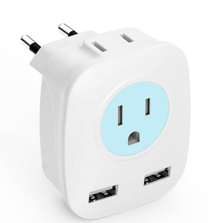 European Travel Plug Adapter International USB Charger with 2 USB Ports,2 AC Outlet for USA to Most of Europe Coutries France Spain Italy Turkey Iceland (Type (Best Travel Adapter 2019)