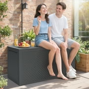 Seizeen 90GAL Outdoor Storage Box on clearance, Resin Deck Box Maze Pattern, Patio Toy Storage Furniture for Garden, MAX 485LBS Weight Storag Bench Table for Porch, Gray
